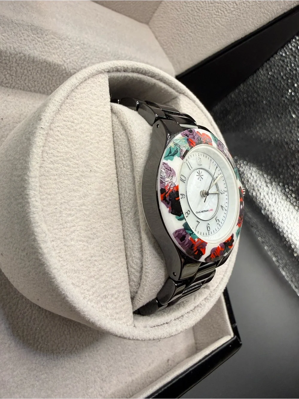Isaac Mizrahi Live! Black Floral Bracelet Watch - Rare Find!
